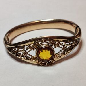 Elegant 12KGF Victorian Hinged Cuff Bracelet with Faceted Amber Glass Stone